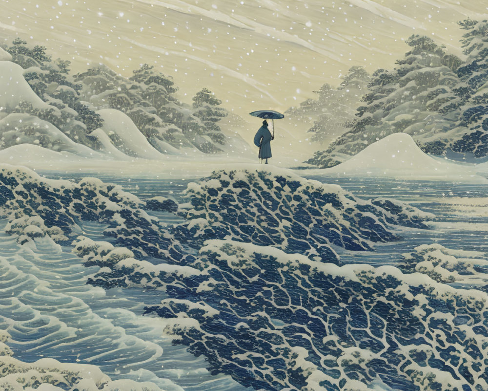 Solitary figure with umbrella in snowy hills and frothy waves