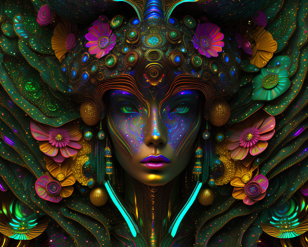 Colorful digital artwork: Female figure with elaborate headdress