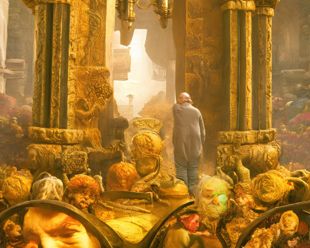 Person in grey coat amidst golden ruins with sculptures and lush vegetation in warm light