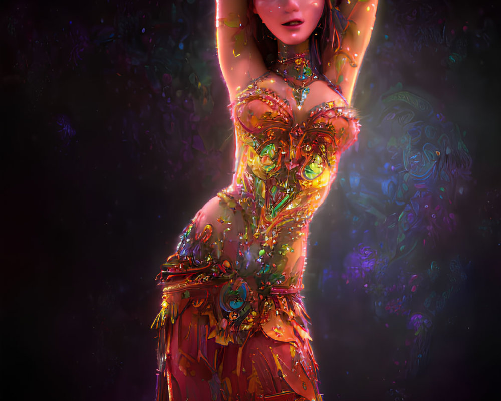 Ethereal woman dancing in colorful gown against dark floral backdrop