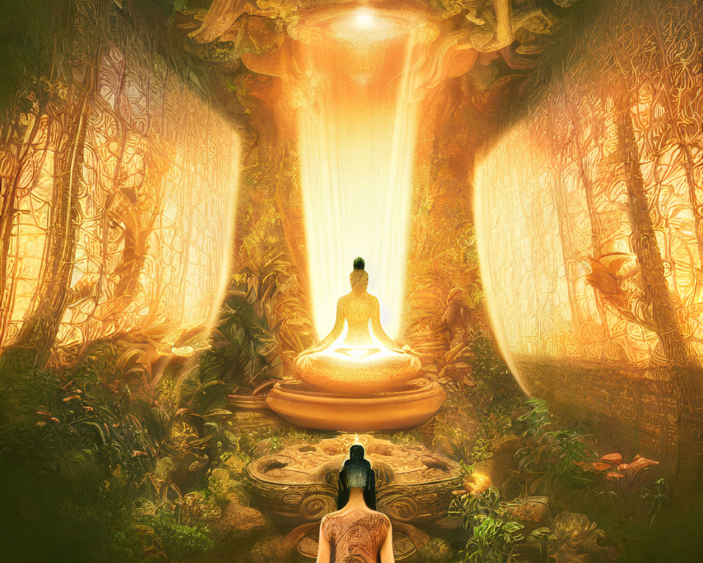 Person meditates in mystical forest with light beams on Buddha statue