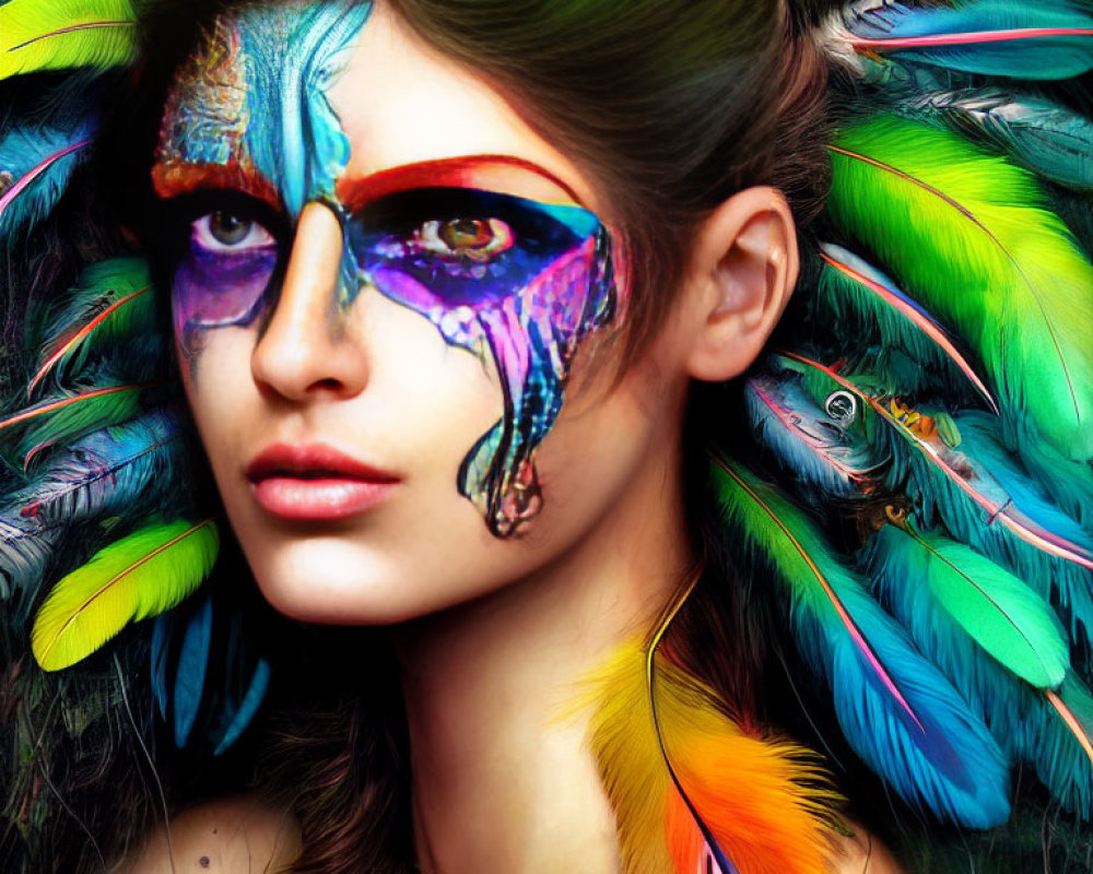 Woman with Vibrant Feather Motifs and Colorful Feathers Display