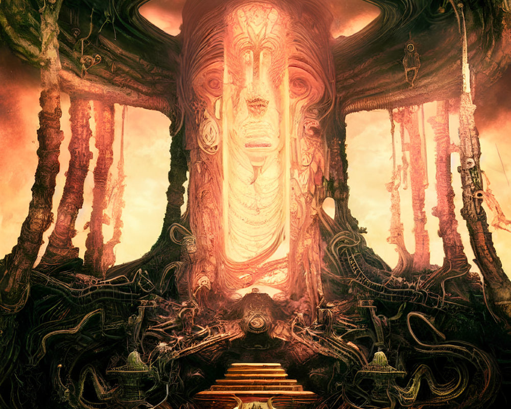 Colossal face in surreal temple under glowing amber sky