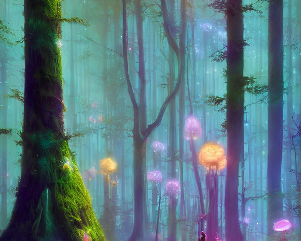 Enchanted forest with glowing jellyfish-like creatures and vibrant flora