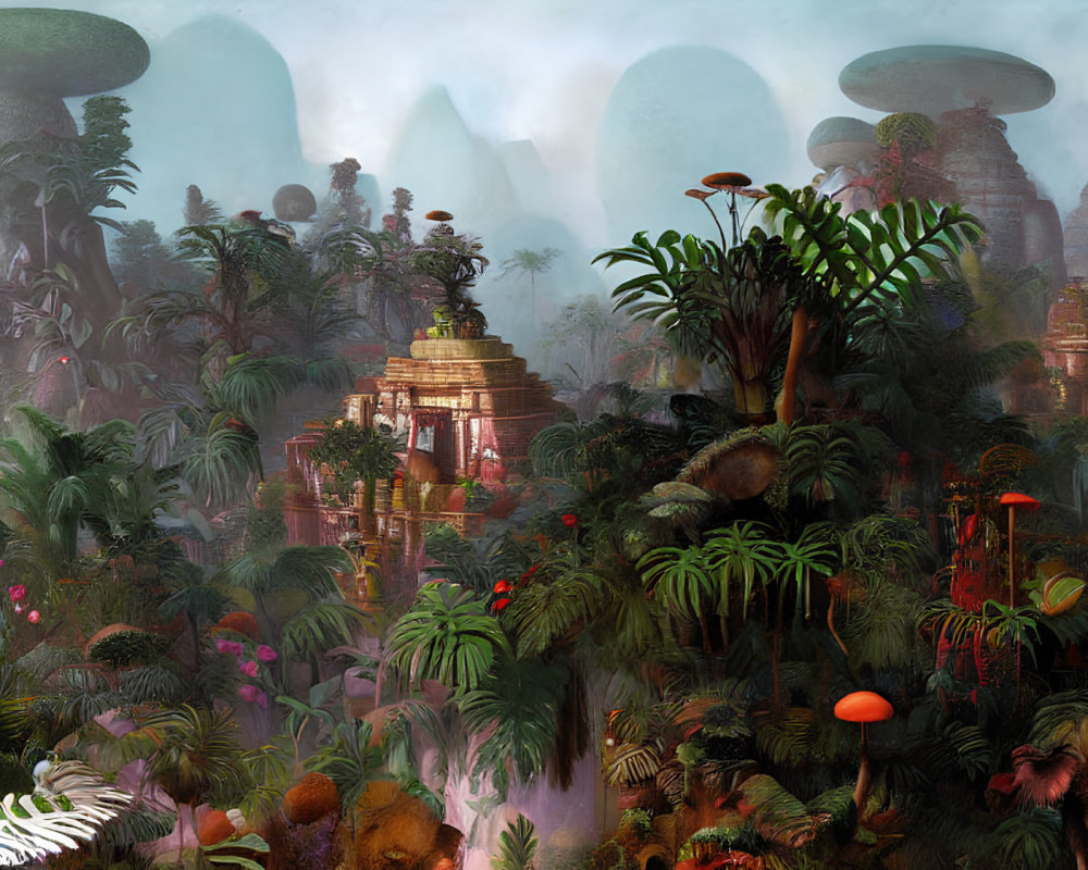 Fantastical jungle with oversized mushrooms and golden temple.