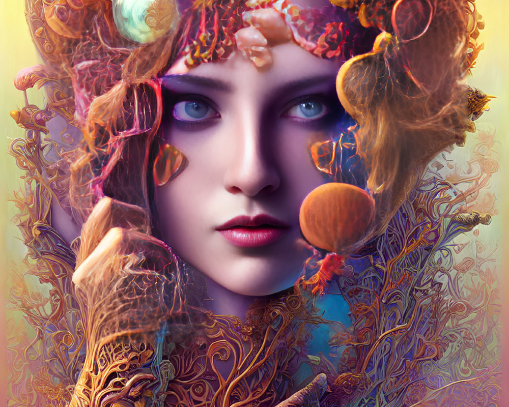 Fantasy portrait of a woman with violet eyes and ornate headpiece