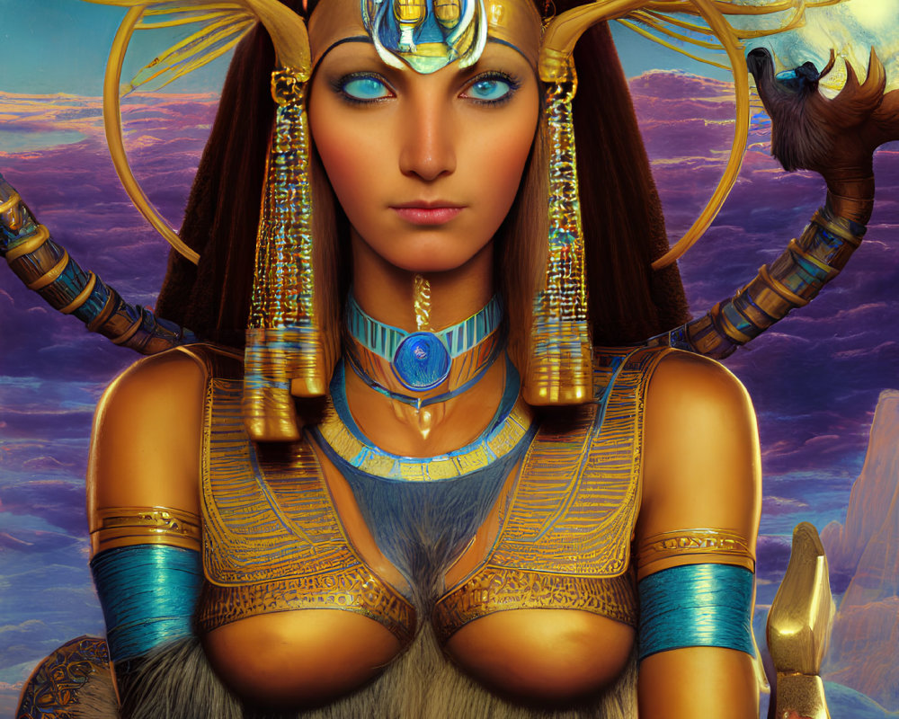 Digitally illustrated fantasy woman with Egyptian headdress and jewelry in mystical setting