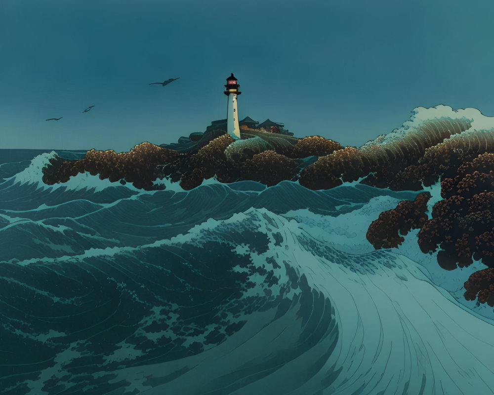 Illustration of towering lighthouse on rocky coast amid turbulent ocean waves and birds in flight