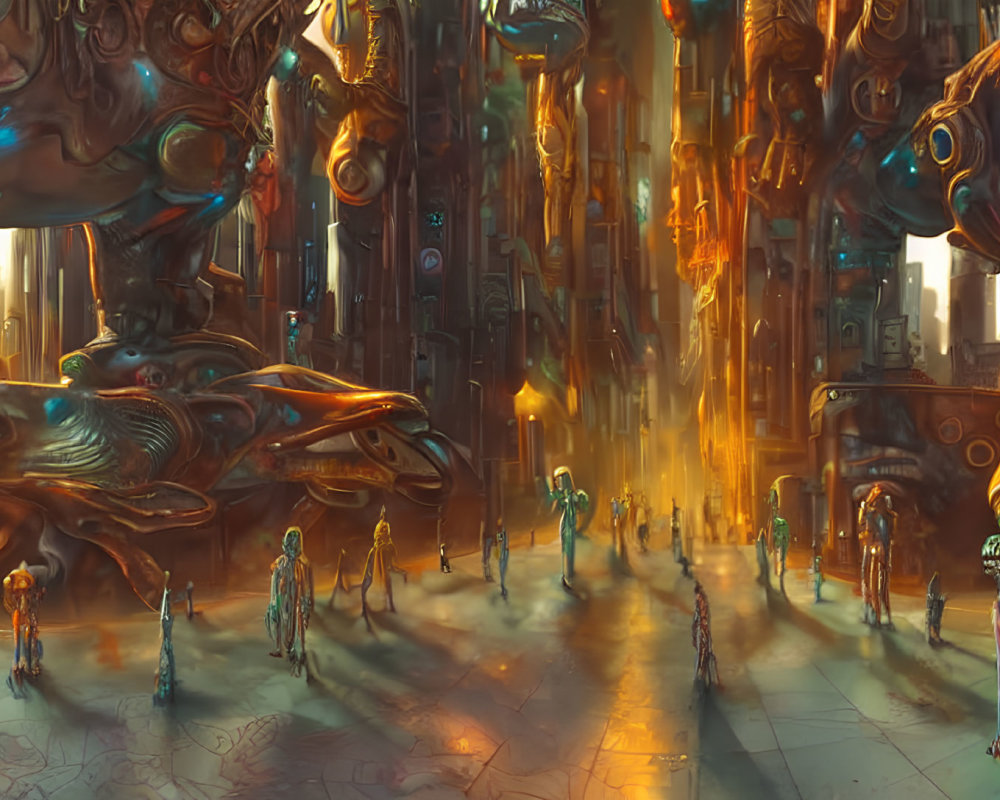 Vibrant futuristic cityscape with organic structures and humanoid figures