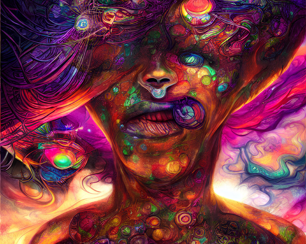 Colorful Abstract Portrait with Swirling Cosmic Patterns