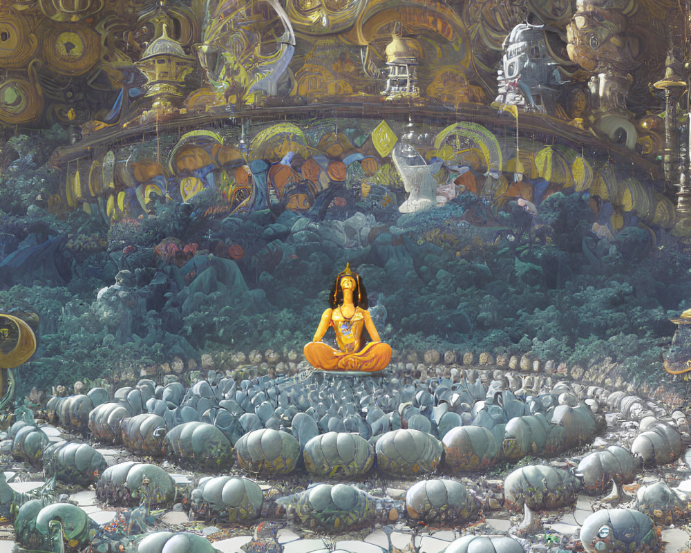 Person meditates in surreal landscape with robot turtles