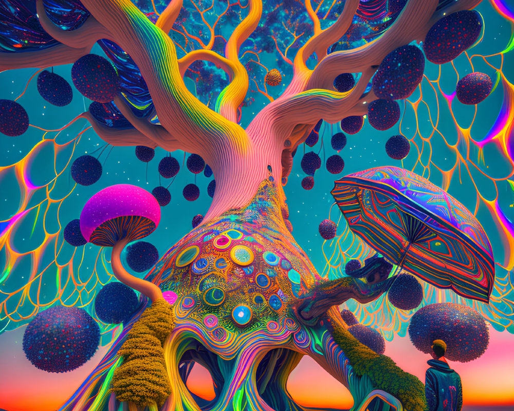 Colorful psychedelic landscape with giant tree, orbs, mushrooms, and starlit sky