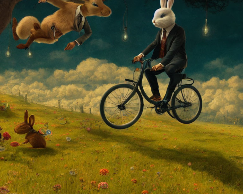 Hybrid creature on bicycle in surreal landscape with oversized rabbits