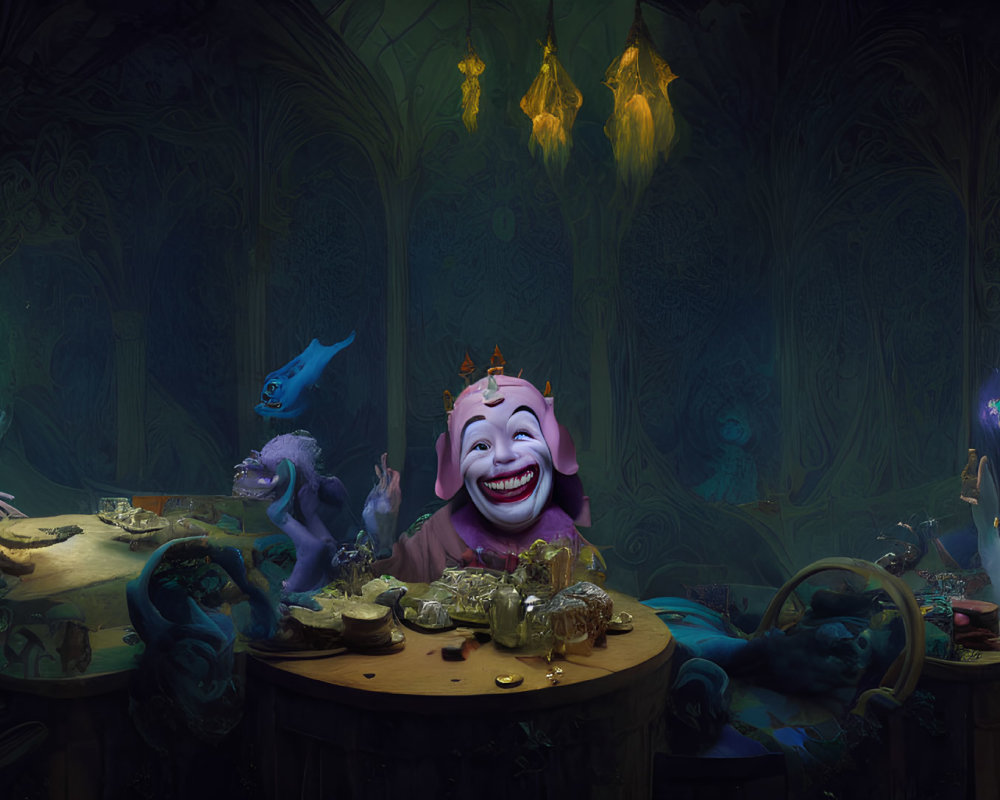 Exaggerated banquet scene with laughing, crown-wearing figure, blue creature, and surprised character amidst