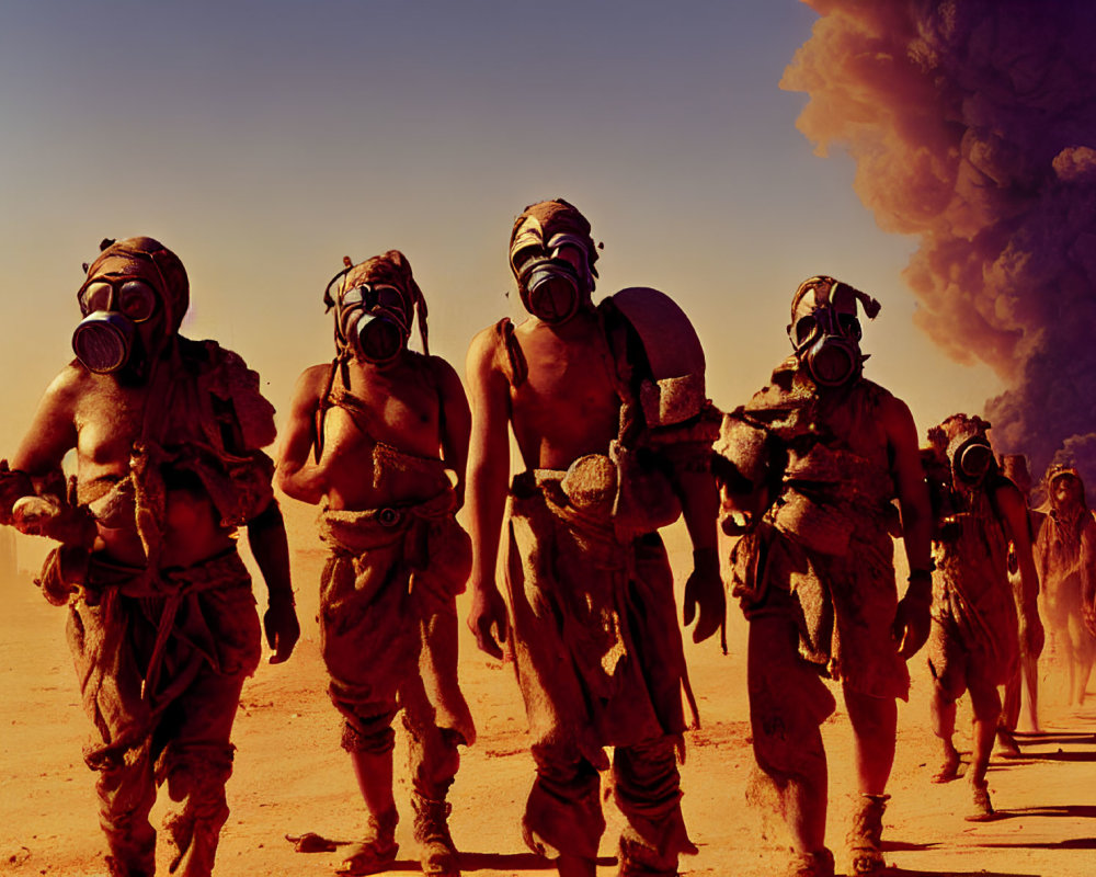 Post-apocalyptic scene: people in gas masks walking in dusty landscape