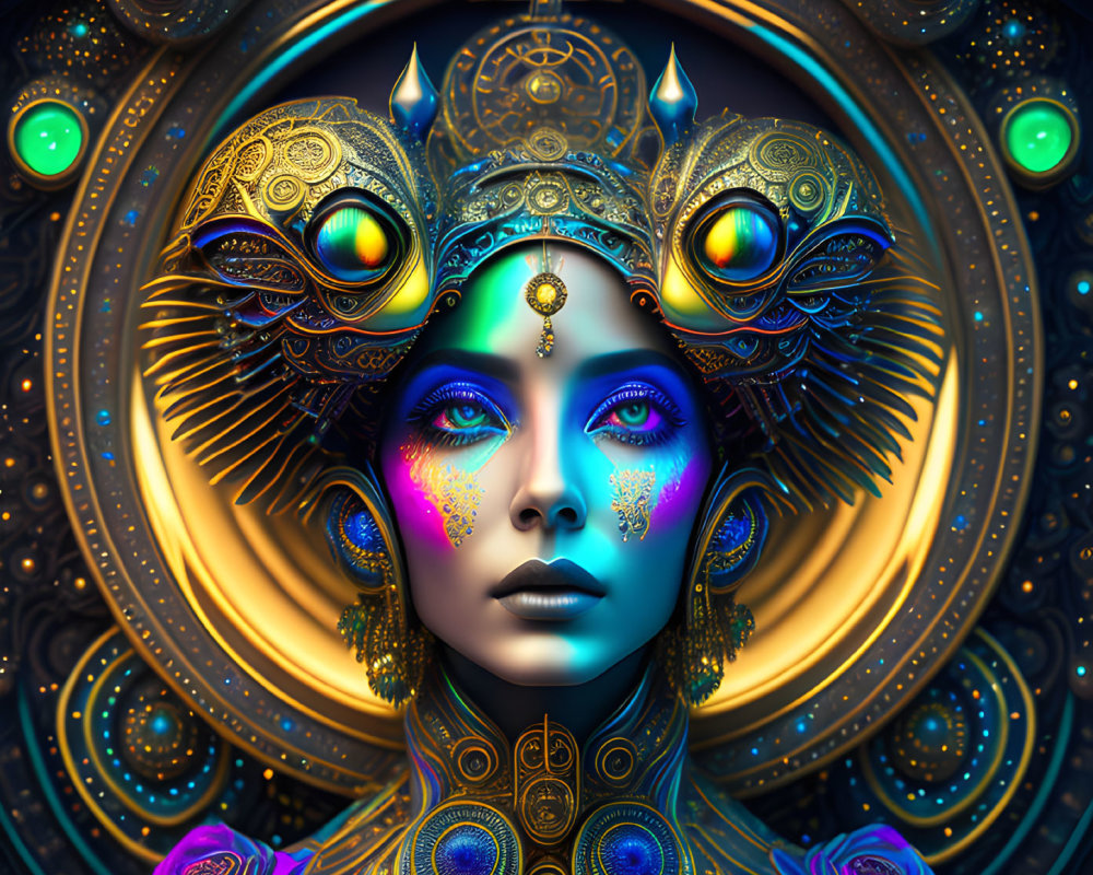 Blue-skinned woman with ornate headdress and mandala background.