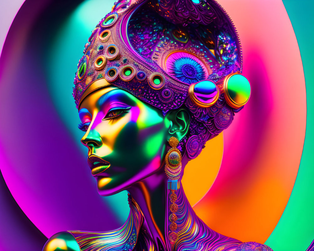 Colorful digital artwork of woman with intricate headgear and jewelry