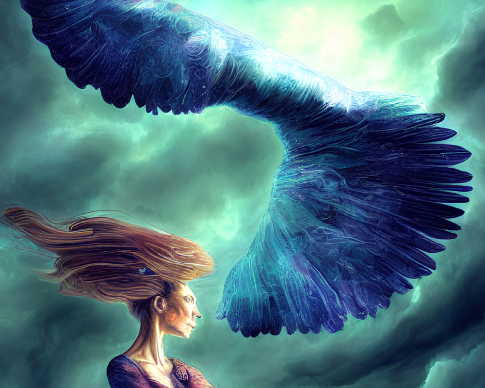 Woman with flowing hair and giant wings gazing at turbulent sky