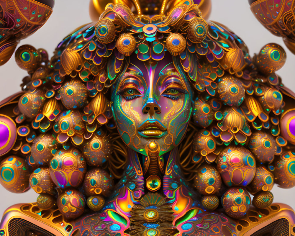 Colorful digital artwork of stylized female figure with intricate patterns and metallic textures