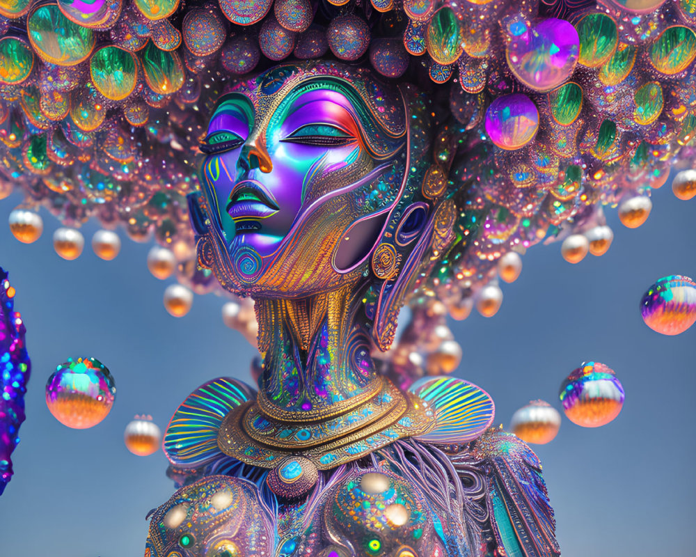 Stylized digital artwork of metallic female figure with orbs on sky-blue background