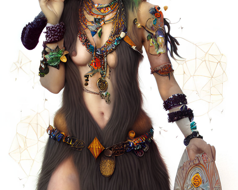 Mythical warrior woman illustration with tribal makeup and shield