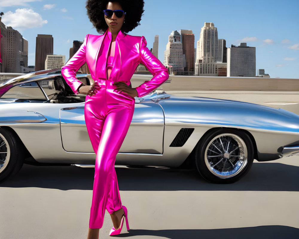 Afro-haired person in pink suit by silver sports car in cityscape