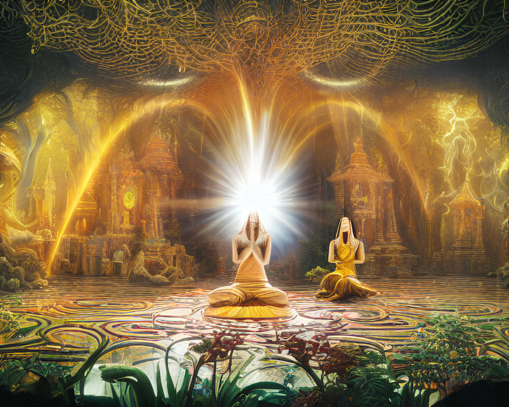 Mystical forest meditation scene with vibrant flora and radiant light