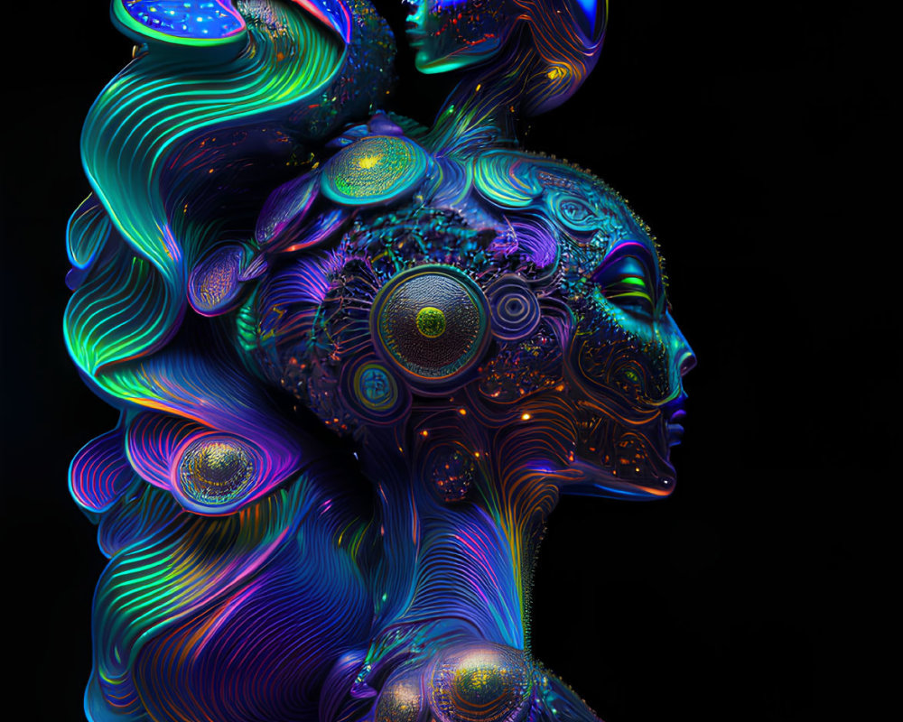 Vibrant digital art: surreal human face profile with psychedelic patterns on black.