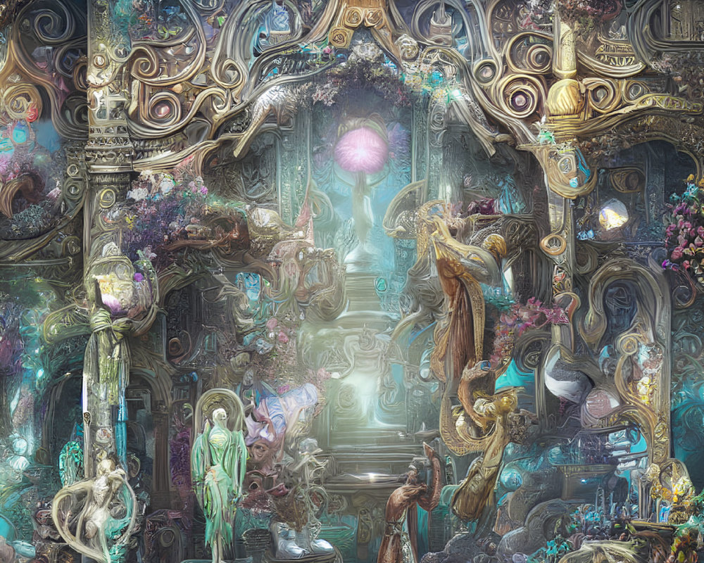 Intricate Fantasy Scene with Ornate Architecture and Ethereal Beings