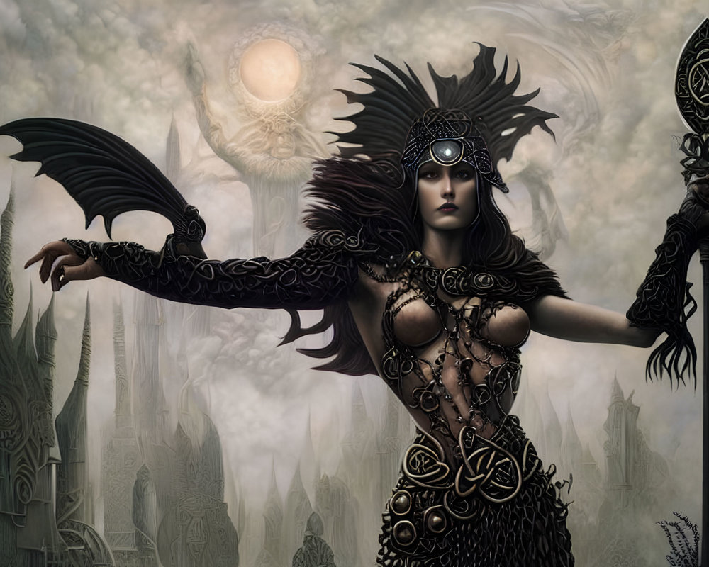 Fantasy artwork of warrior woman in dark armor with winged helmet, staff, under pale sun