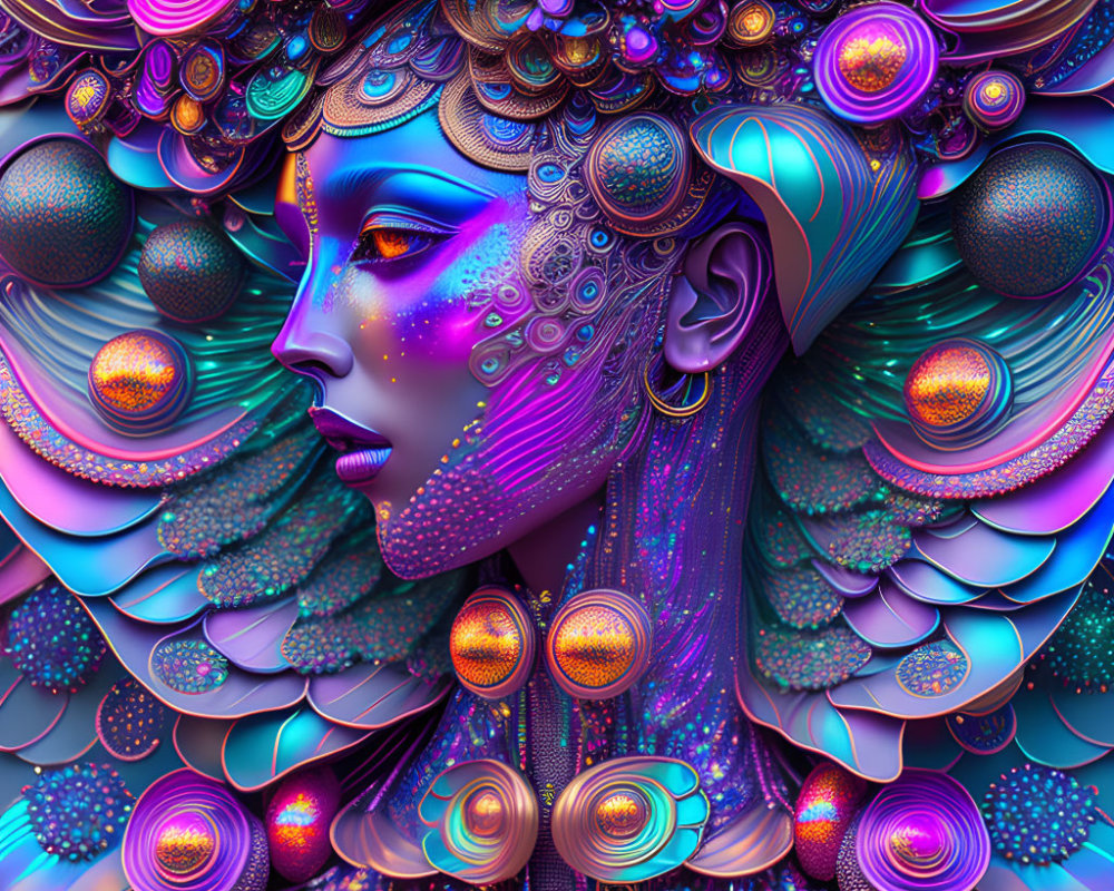 Colorful digital artwork: Female figure with blue skin, intricate textures.