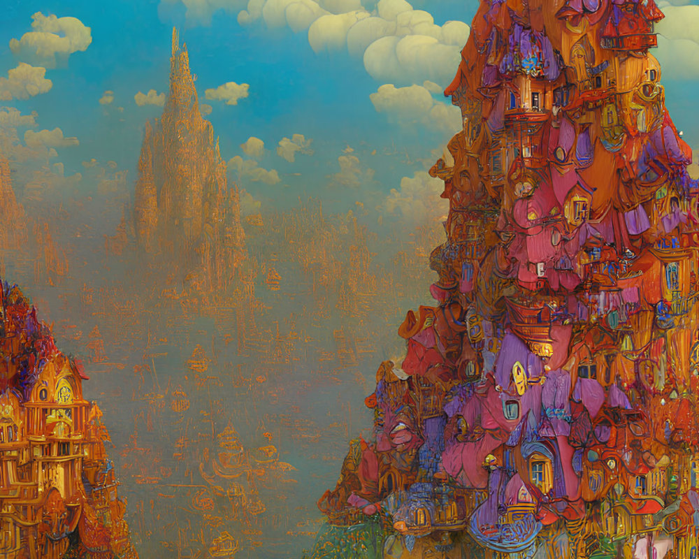 Colorful illustration of whimsical castle in the clouds against blue sky