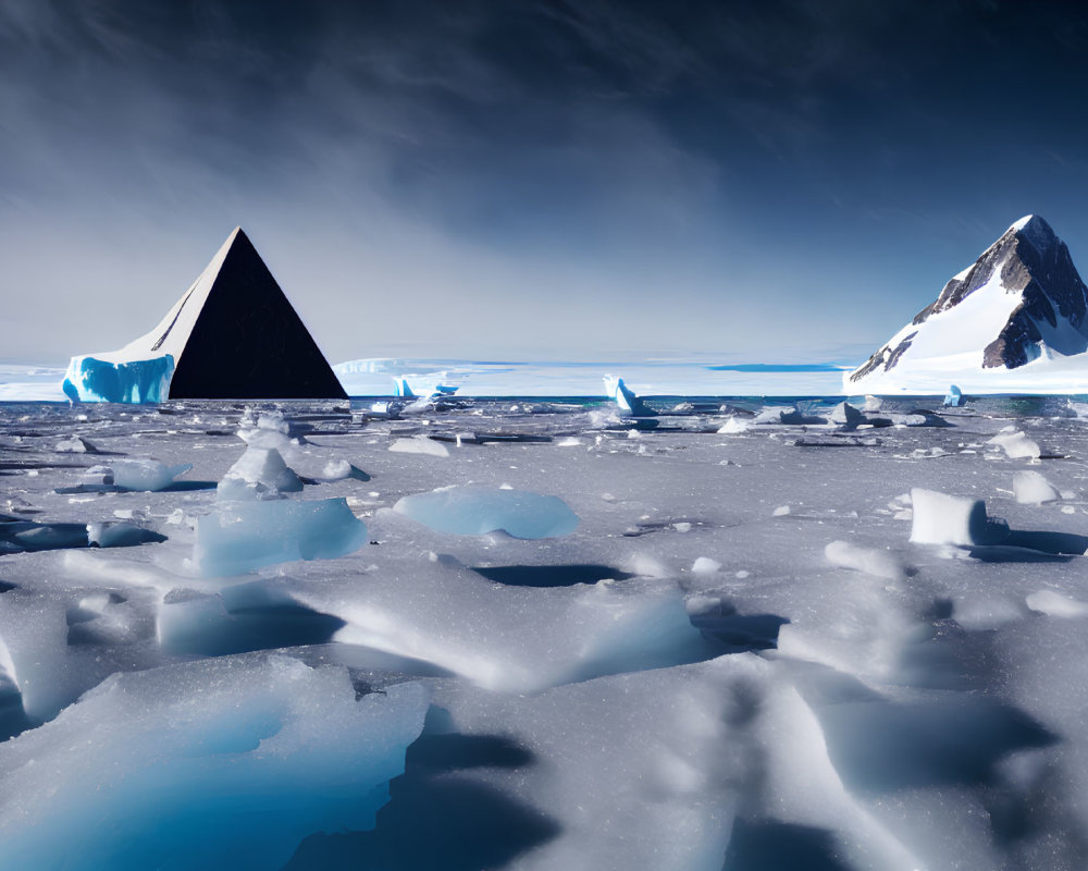 Antarctic landscape with pyramid-shaped iceberg amid fragmented ice