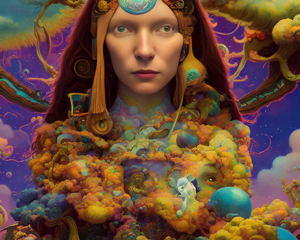 Surreal portrait of woman's face in vibrant fantasy landscape