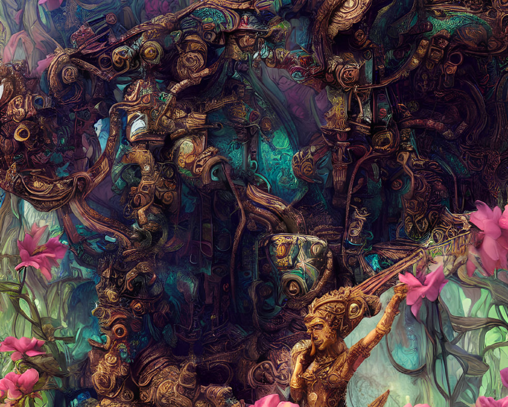 Detailed colorful artwork with ornate mechanical structures and pink florals surrounding a crowned humanoid figure