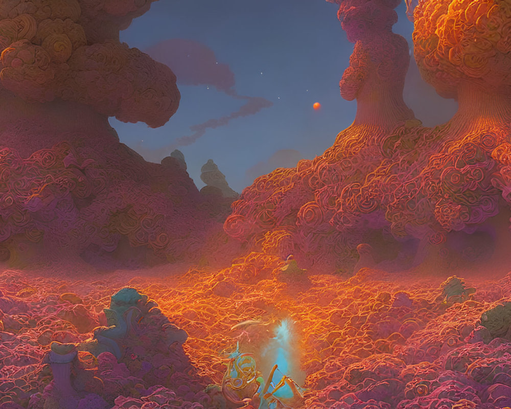 Colorful alien landscape with coral-like structures under purple sky