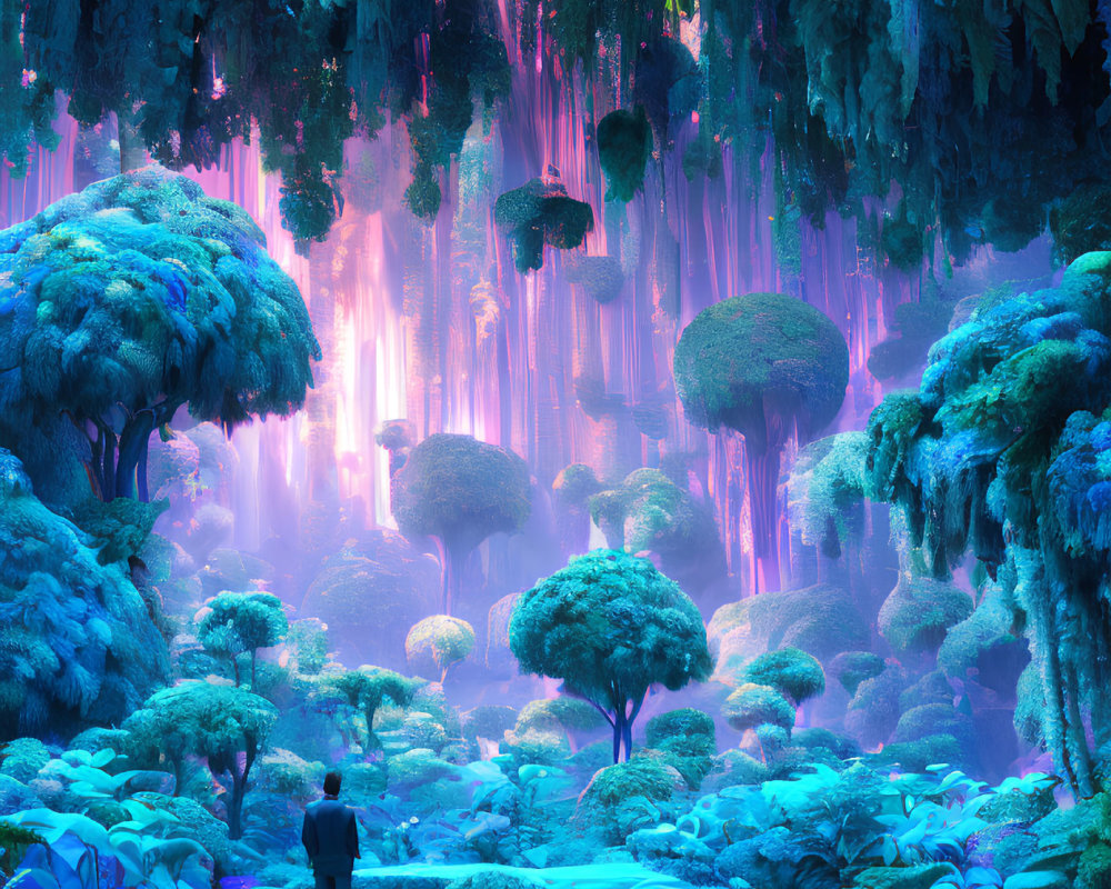 Mystical blue forest with lush trees and ethereal light shafts