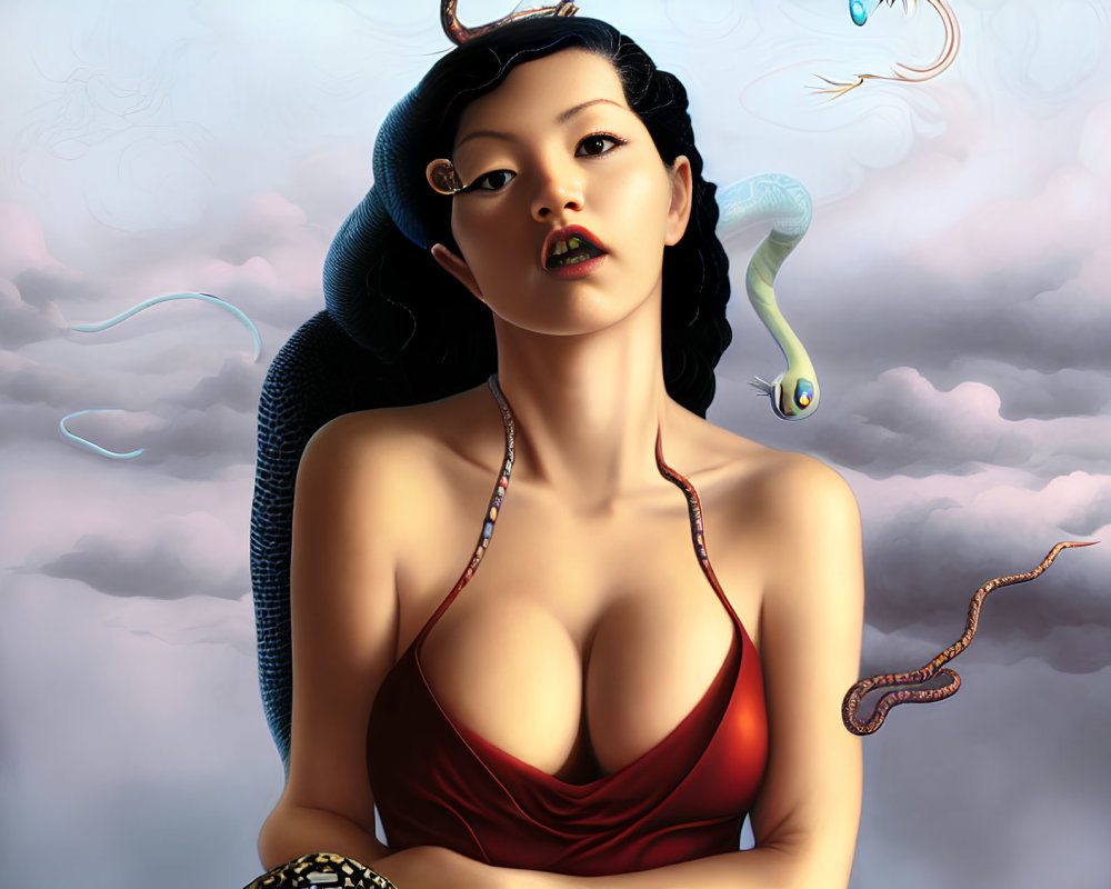 Stylized woman with red dress and snake hair in cloudy sky scene