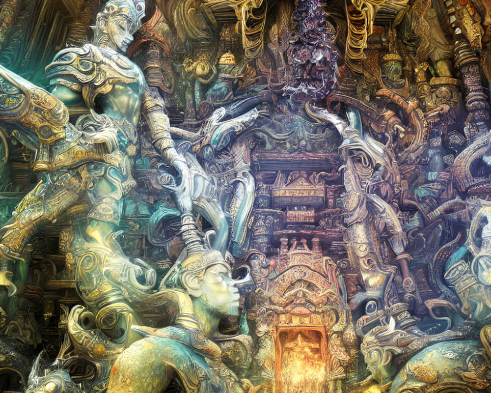 Fantastical Alien-Like Figures in Ornate Golden and Blue Architecture