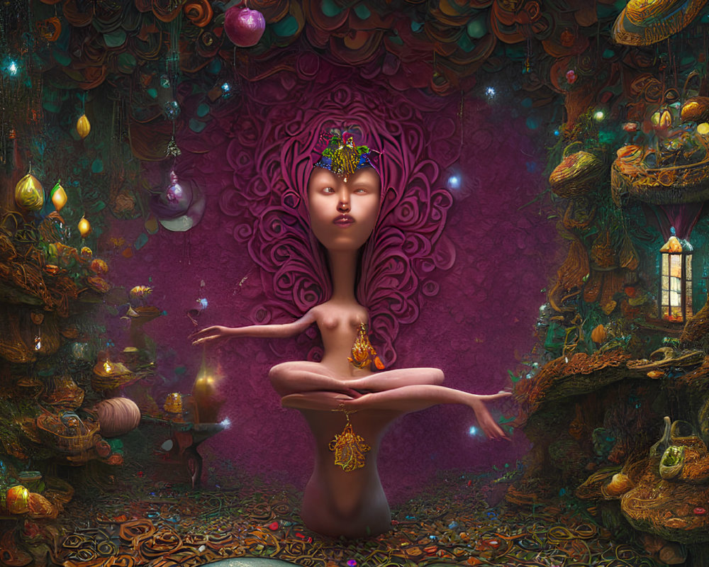 Mystical multi-armed figure meditating in vibrant, whimsical setting