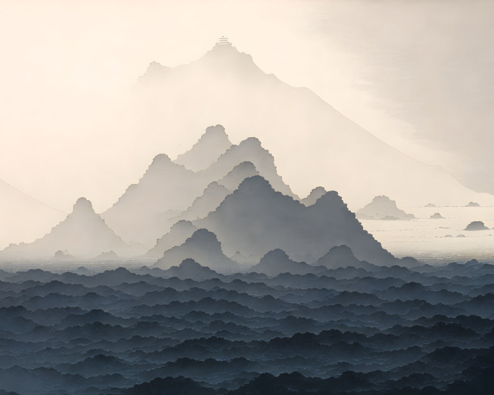 Ink-wash painting of misty mountains with temple