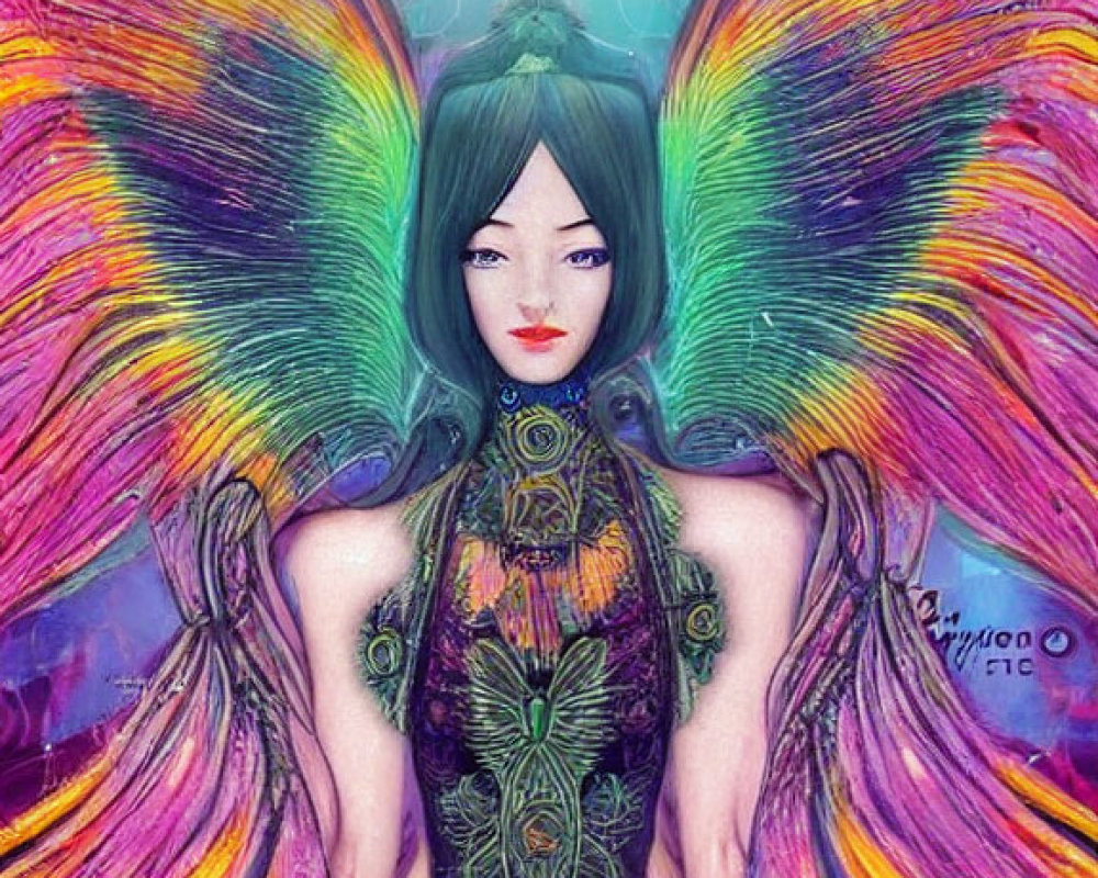 Colorful Female Figure with Butterfly Wings and Tattoos on Psychedelic Background