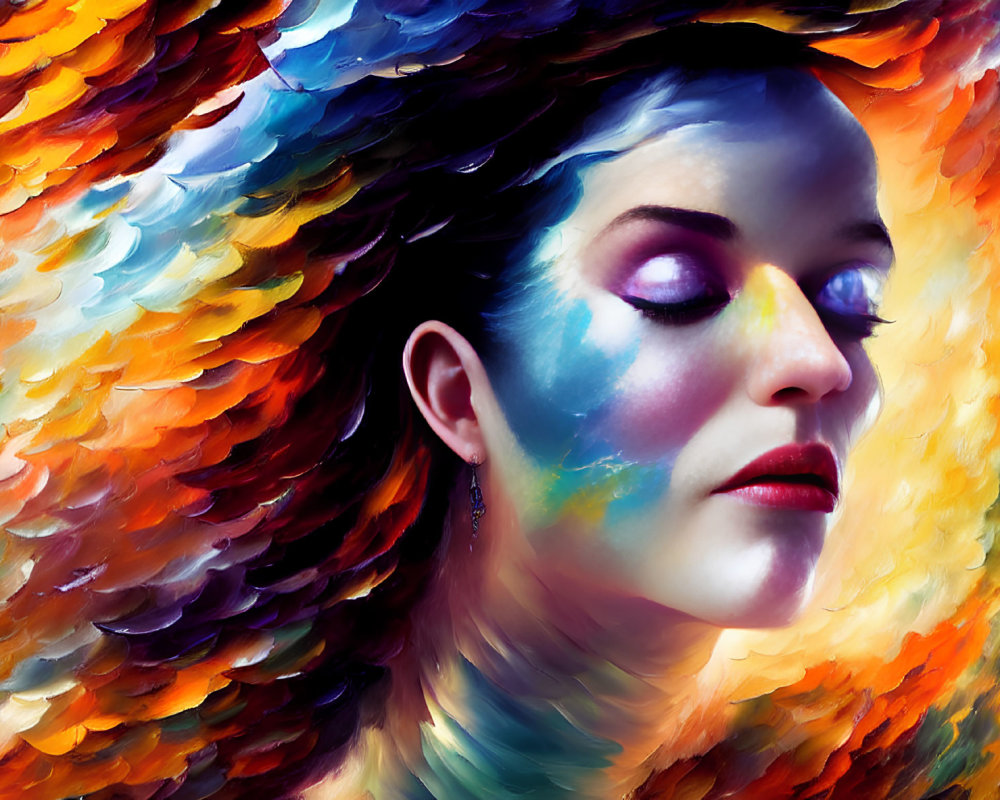 Colorful Makeup Portrait Against Fiery Brush Stroke Backdrop