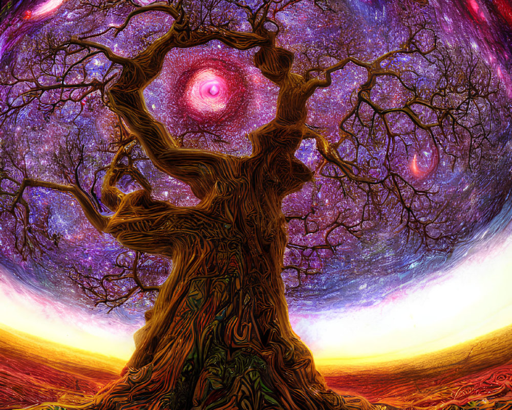 Colorful surreal cosmic tree under starry sky in vibrant artwork