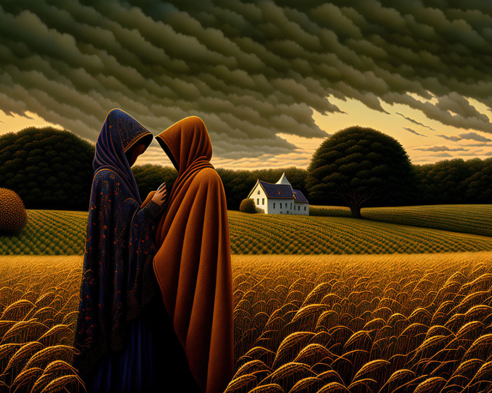 Traditional attire couple in wheat field with house and dramatic sky