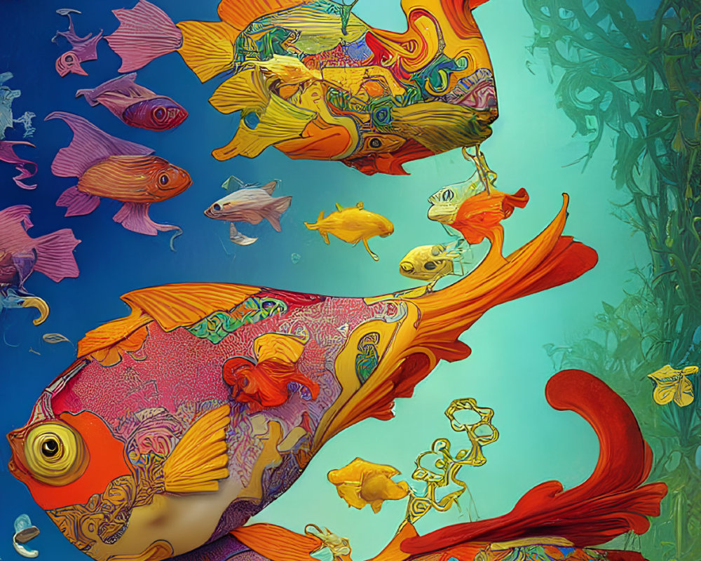 Colorful digital artwork of ornate fish swimming in coral and seaweed on blue gradient.