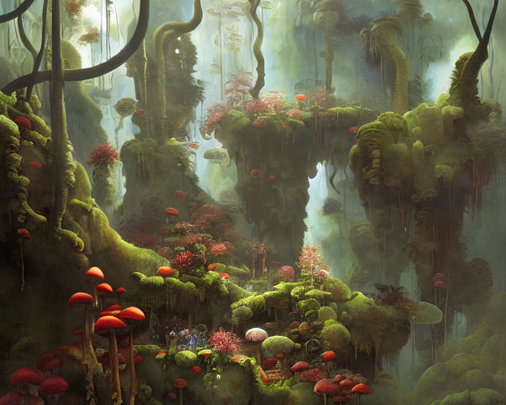 Enchanting forest scene with towering mushrooms and hanging vines