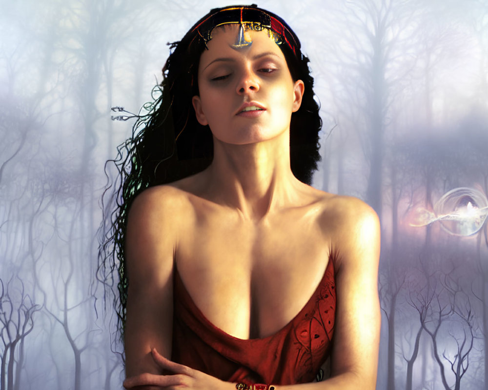 Digital artwork of a woman in red dress in misty forest with glowing lights