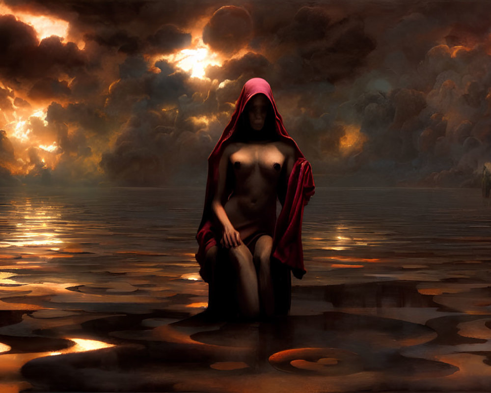 Figure in Red Cloak Sitting in Shallow Water at Sunset with Boat in Distance