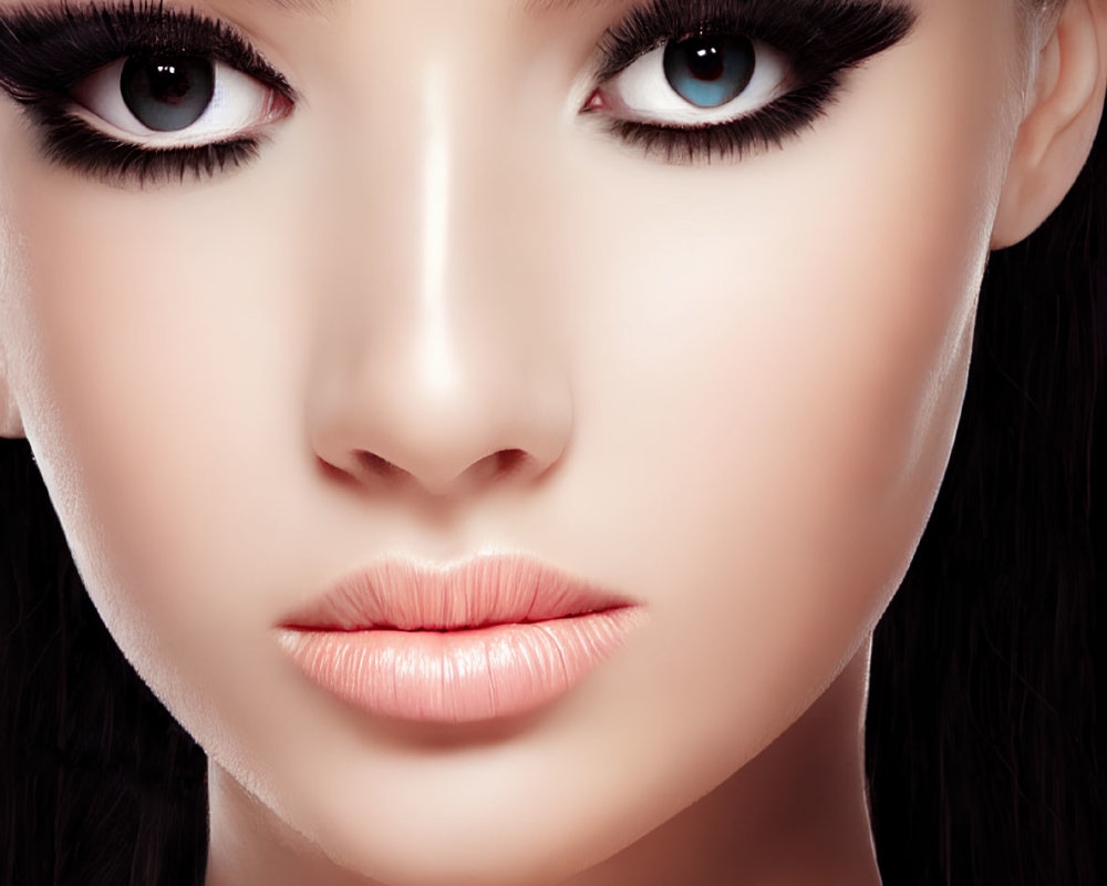 Detailed view of woman's dramatic eye makeup with thick eyeliner and long lashes, flawless skin, neutral